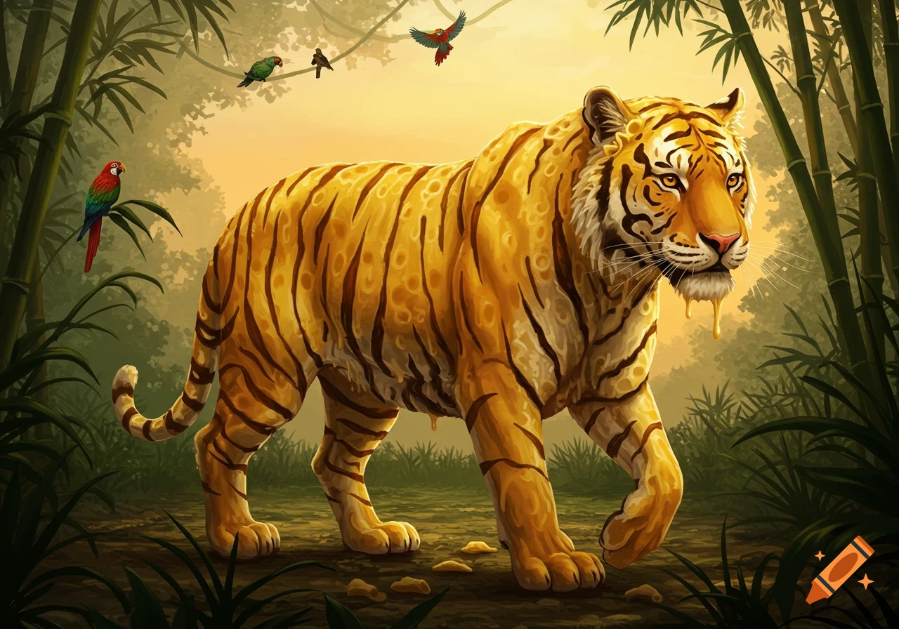 An illustrated golden tiger with a body resembling mac and cheese walks through a bamboo jungle at sunset.