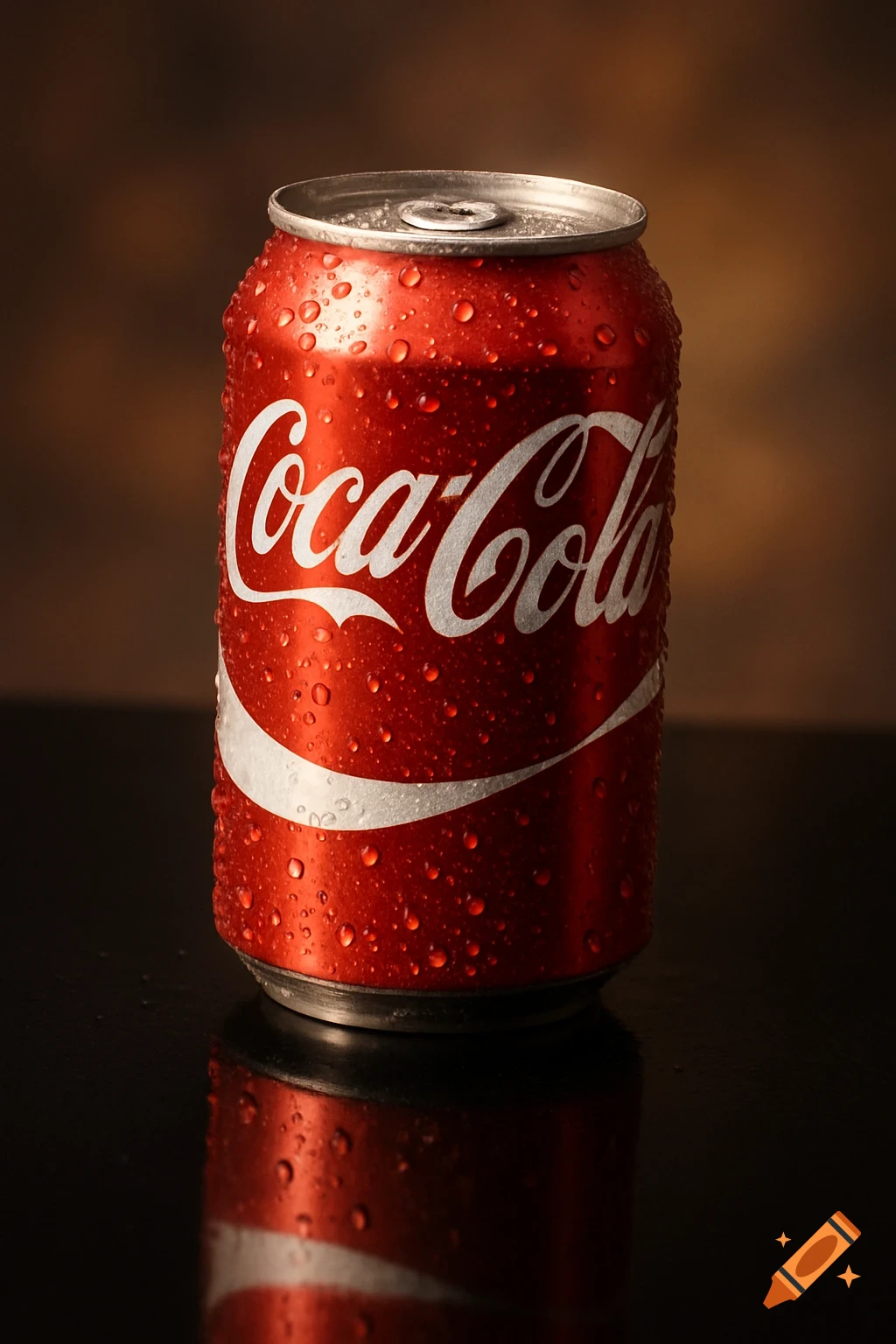 A close-up, photorealistic image of a wet, red Coca-Cola can covered in condensation, standing on a dark, reflective surface with a blurred brown background.