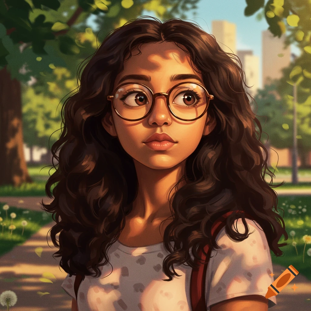 An illustrated portrait of a young girl with curly dark hair and round glasses looking up in a sunny park.
