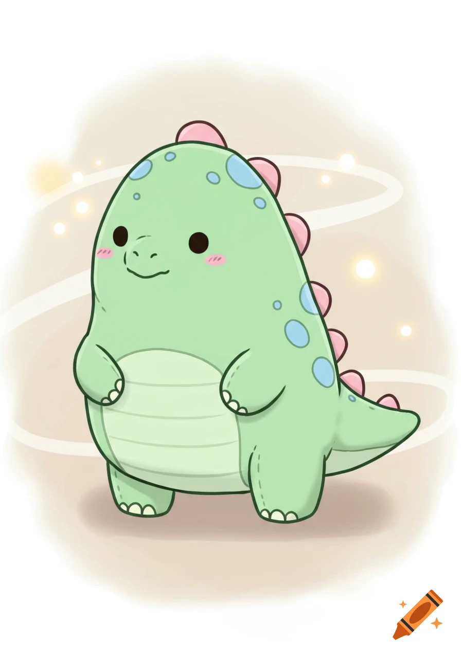 A cute, chubby, green cartoon dinosaur with pink spines and blue spots, standing against a light background.