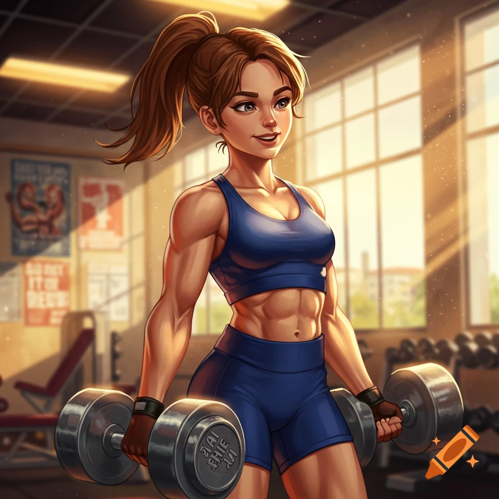 A stylized cartoon image of a muscular woman with a ponytail, wearing blue athletic wear, holding dumbbells in a sunlit gym.