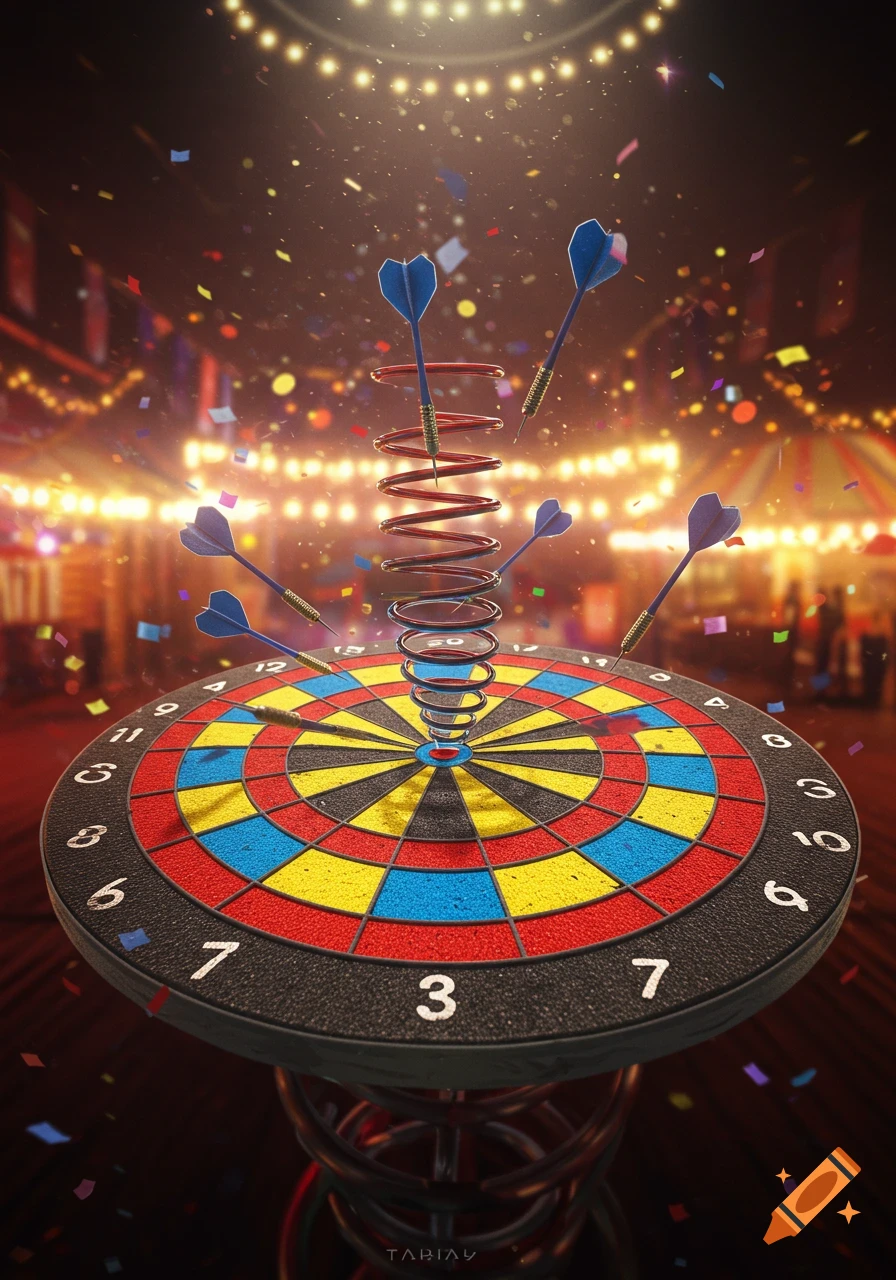 A detailed illustration of a dartboard with a spring in the middle, surrounded by blue darts and confetti. A carnival is in the background.