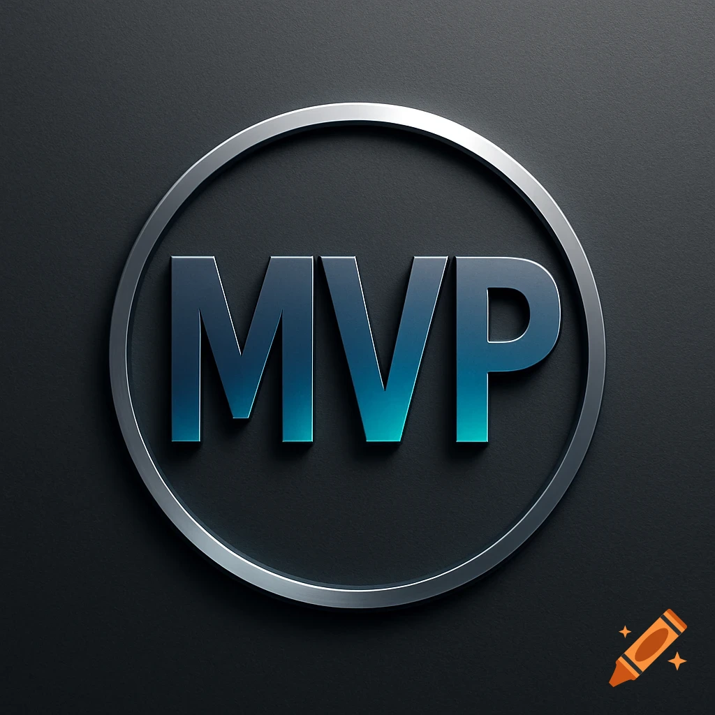 Metallic 3D logo featuring the letters MVP inside a silver circle on a dark textured background.