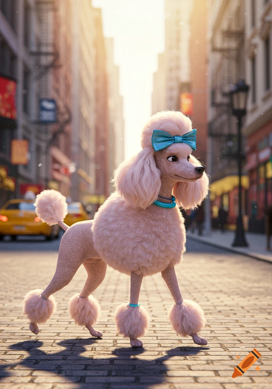 An animated pink poodle with a blue bow and collar walks on a cobblestone street in a sunny city.