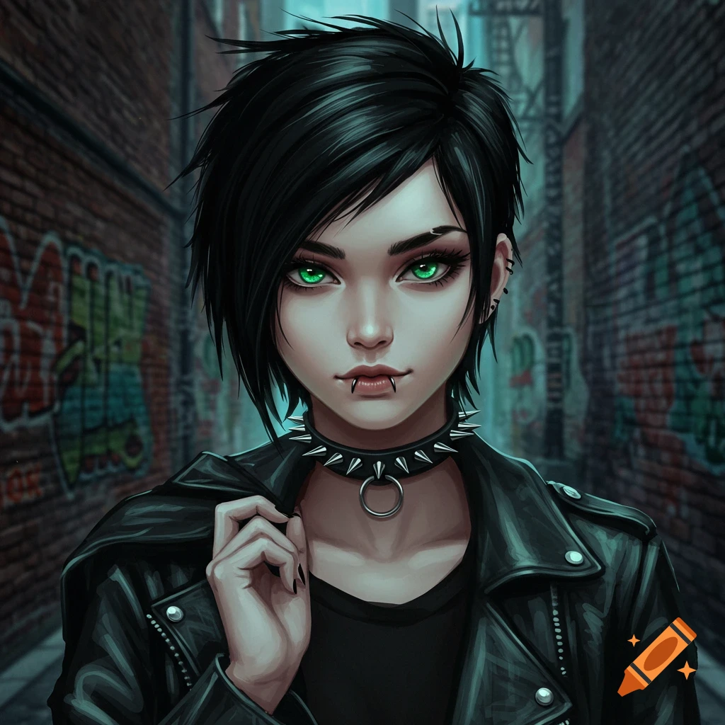 Close-up portrait of a gothic girl with green eyes, short black hair, lip piercings, and a spiked collar in a graffiti alley.