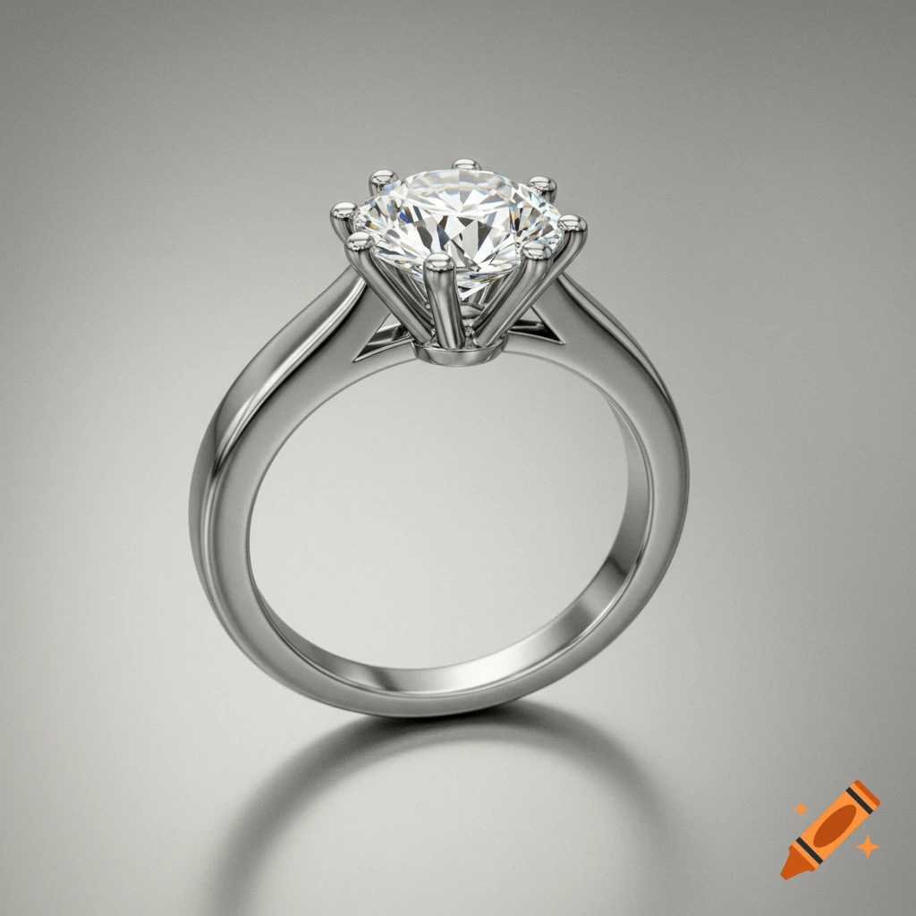 A brilliant six-claw solitaire diamond ring with a hidden halo on a reflective gray surface, photorealistic.