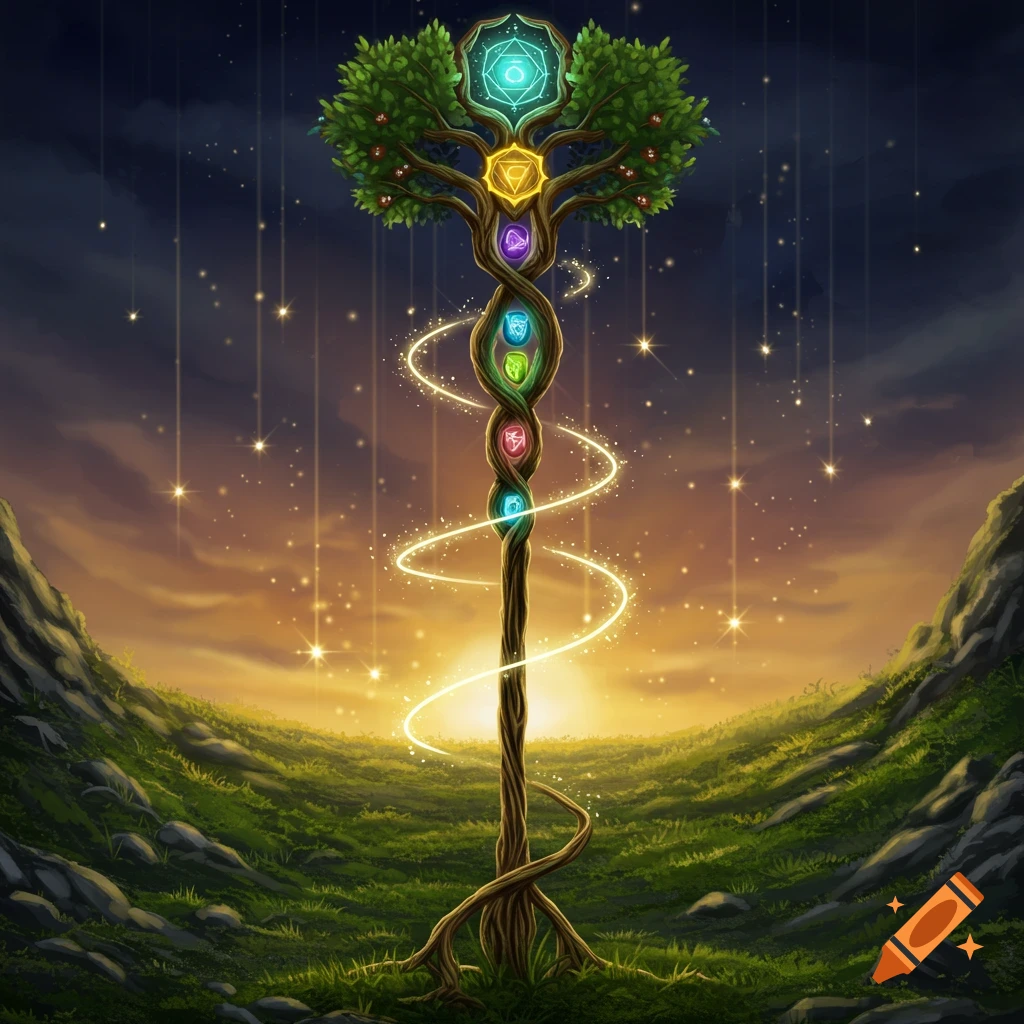 A magical staff shaped like a tree trunk with glowing chakra stones and golden light spirals, standing in a green landscape at sunset.