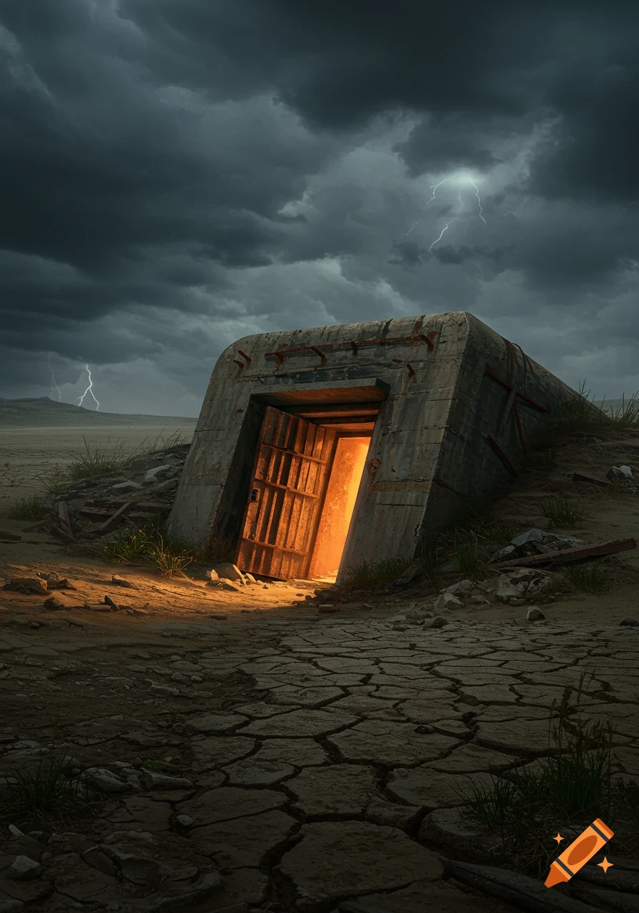 A concrete bunker sits in a desolate, cracked desert landscape under a dark, stormy sky with lightning, an orange glow emanating from its open door.