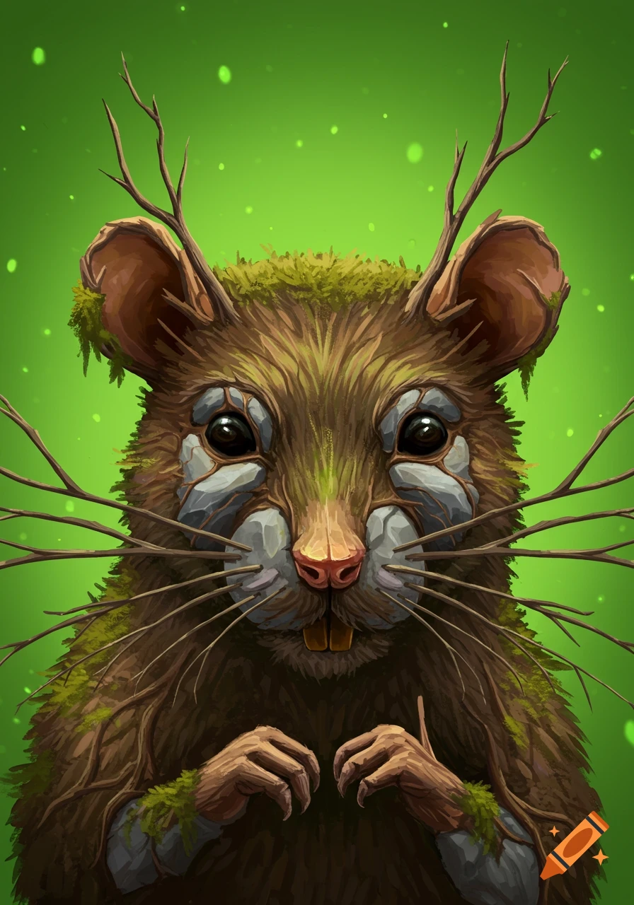 A stylized rat creature with a body made of branches, dirt, moss, and stones, against a bright green background.