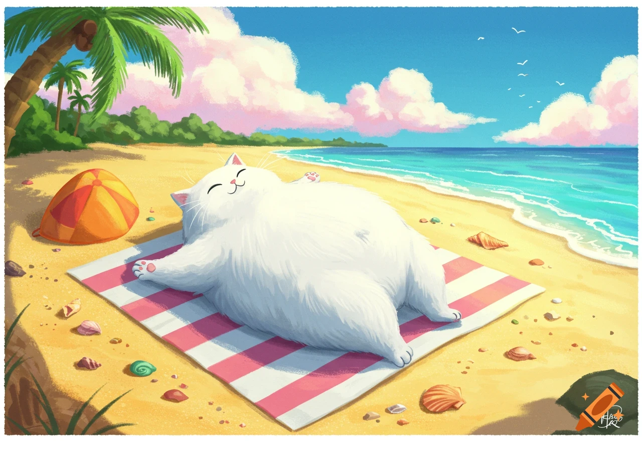 A fluffy white cat happily lounging on a pink and white striped beach towel on a sunny, sandy beach with palm trees and ocean.