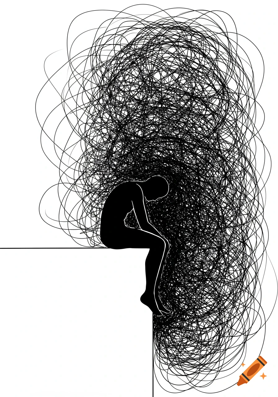 Black silhouette of a person sitting, surrounded by a dense tangle of black lines representing overwhelming thoughts.