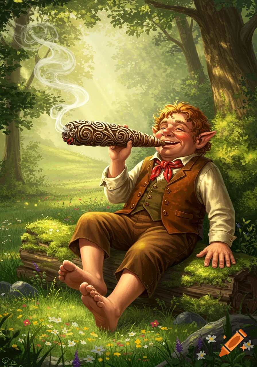 A smiling hobbit-like character with pointed ears and bare feet sits on a mossy log in a sunlit forest, puffing on an ornate cigar.