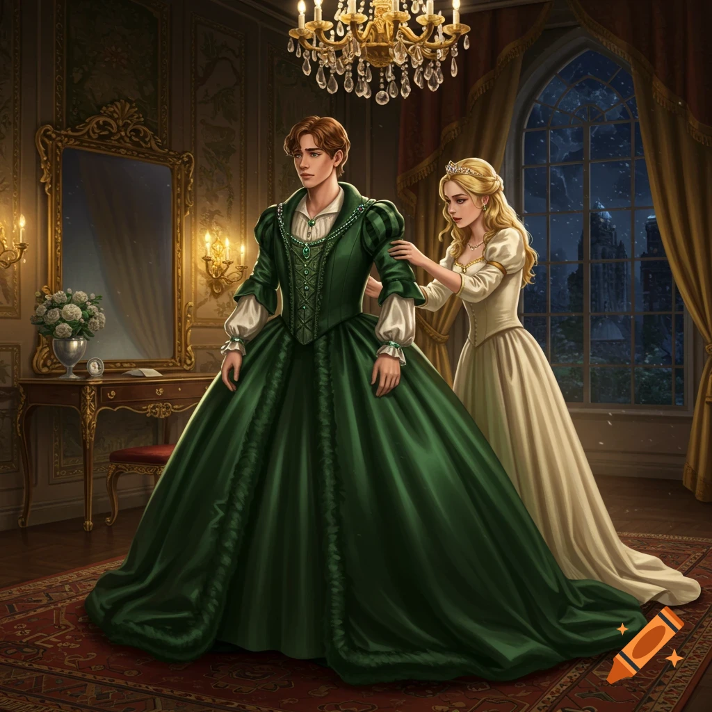 A male in a green gown is helped by a blonde woman in a cream dress in an opulent room with a castle view.