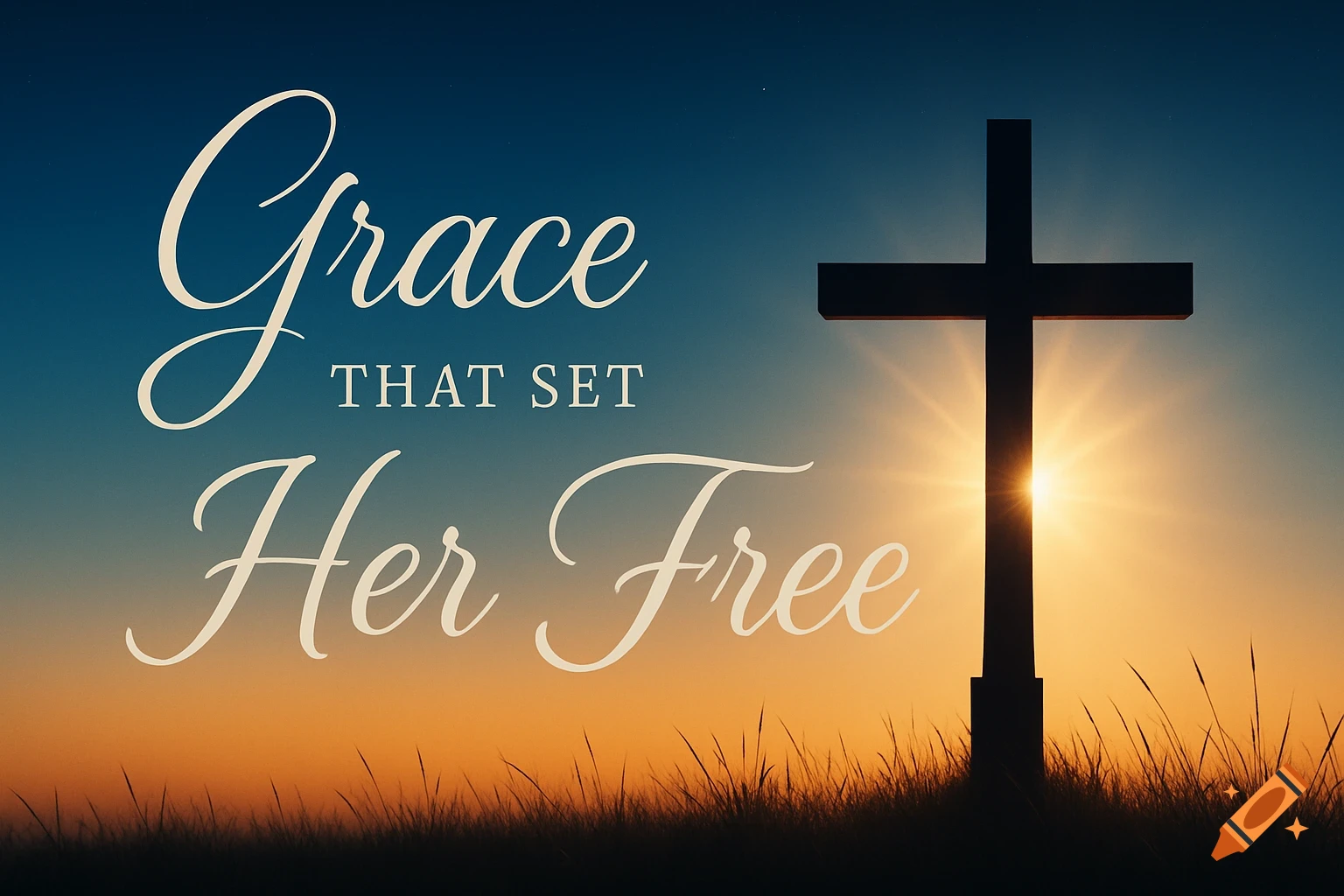Silhouette of a cross against a golden sunset sky, with the text 'Grace THAT SET Her Free' in elegant script.