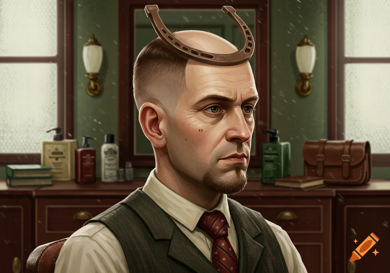 A man with a horseshoe on his bald head sits in a barbershop, wearing a waistcoat and tie, looking serious.