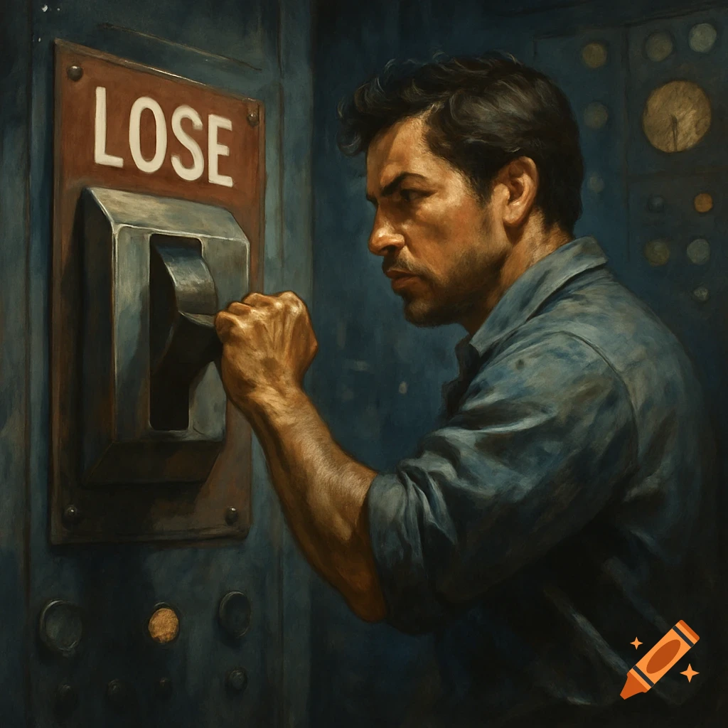 A man with a focused expression flips a large switch labeled 'LOSE' on a dark panel, in a dramatic painterly style.