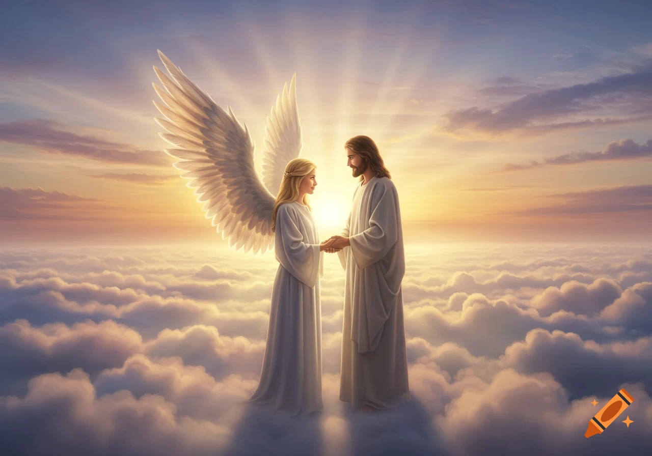 Photorealistic image of Jesus and a blonde female angel holding hands, standing on clouds with a glowing sunrise behind them.