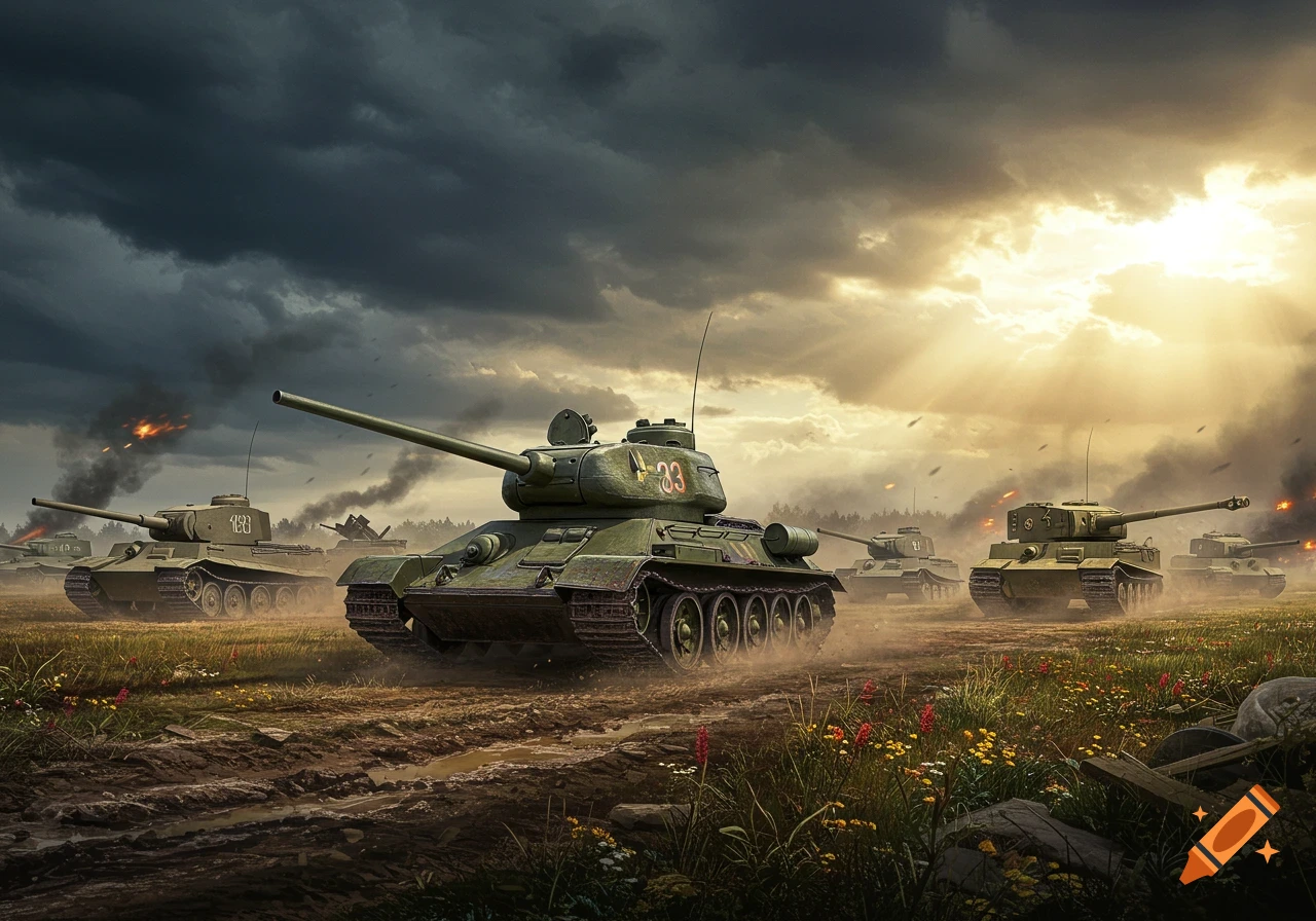 Photorealistic military tanks on a muddy battlefield under a dramatic stormy sky with sun rays and distant explosions.