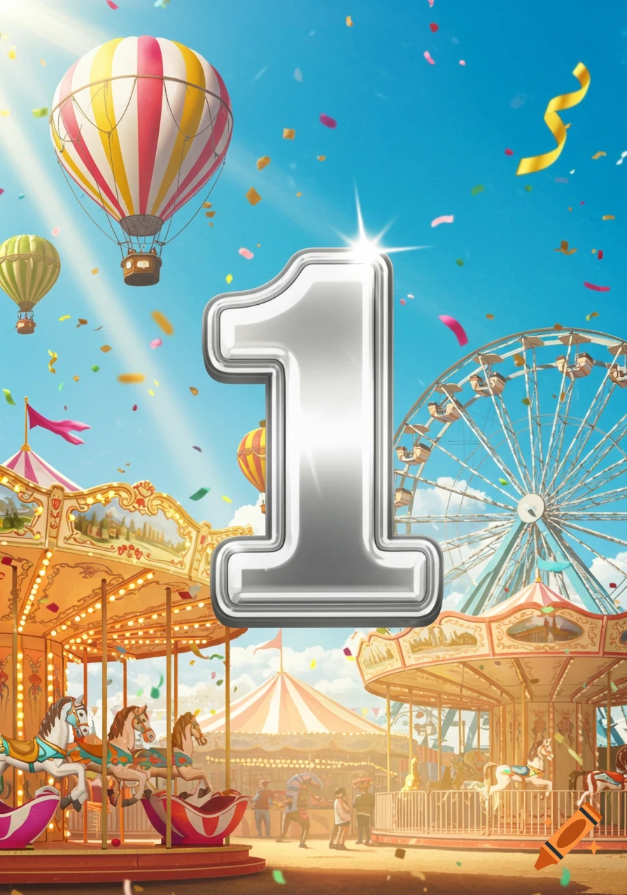 A large, shiny silver number one floats above a vibrant carnival scene with carousels, a Ferris wheel, hot air balloons, and confetti.