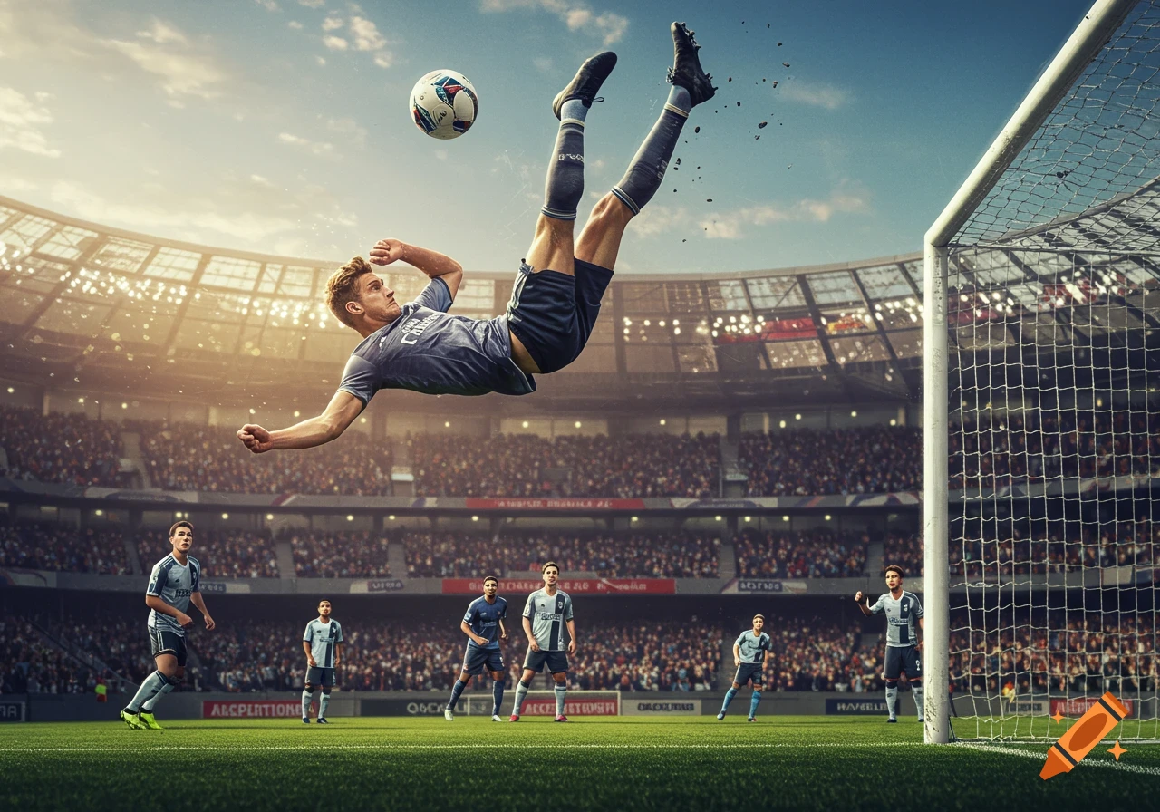 A male soccer player in a grey uniform performs an overhead kick in a crowded stadium as the ball flies towards the goal.