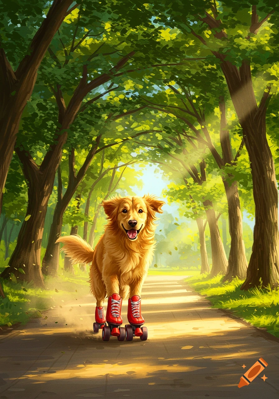 A happy golden retriever dog wearing red roller skates on a path in a sunlit forest.
