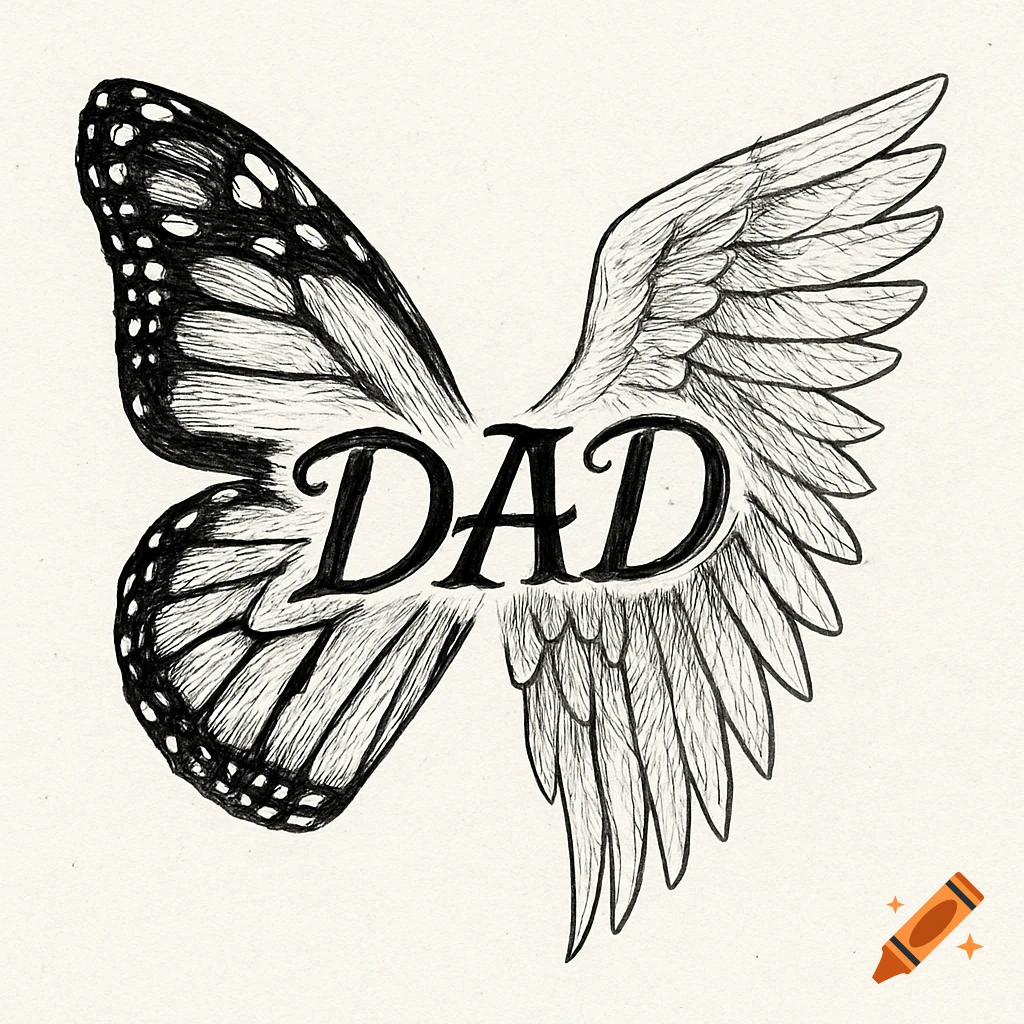 A black and white sketch featuring a monarch butterfly wing fused with an angel wing, with the word DAD in the center.