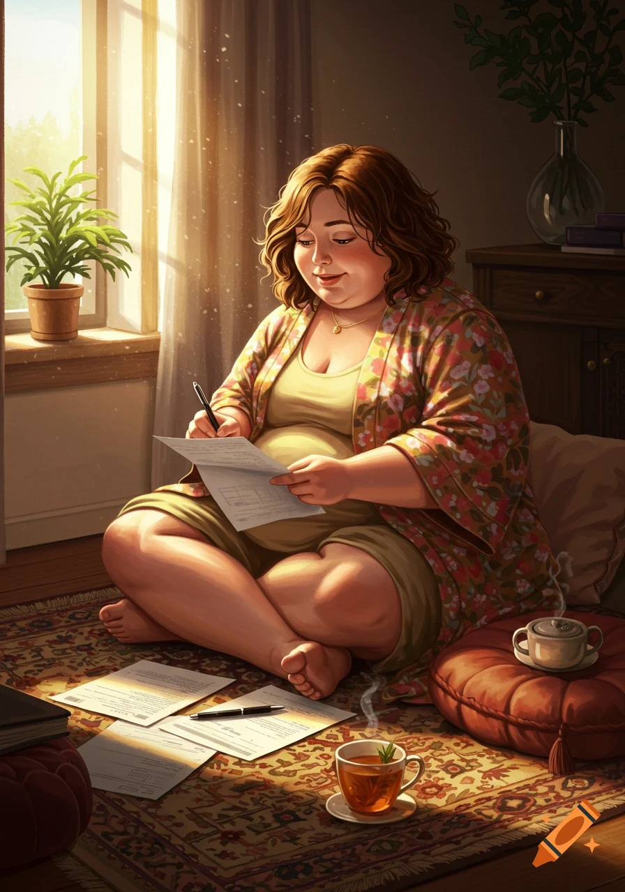 A woman with short, curly brown hair sits cross-legged on a patterned rug, writing on papers bathed in sunlight from a window. A teacup and more papers are on the floor beside her.
