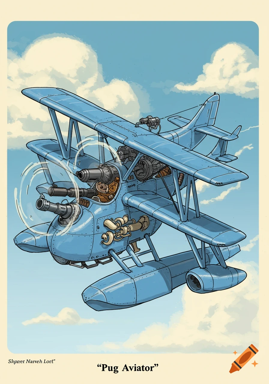 A blue cartoon biplane seaplane with multiple cannons and a pug pilot in the cockpit flies through a light blue sky with white clouds.