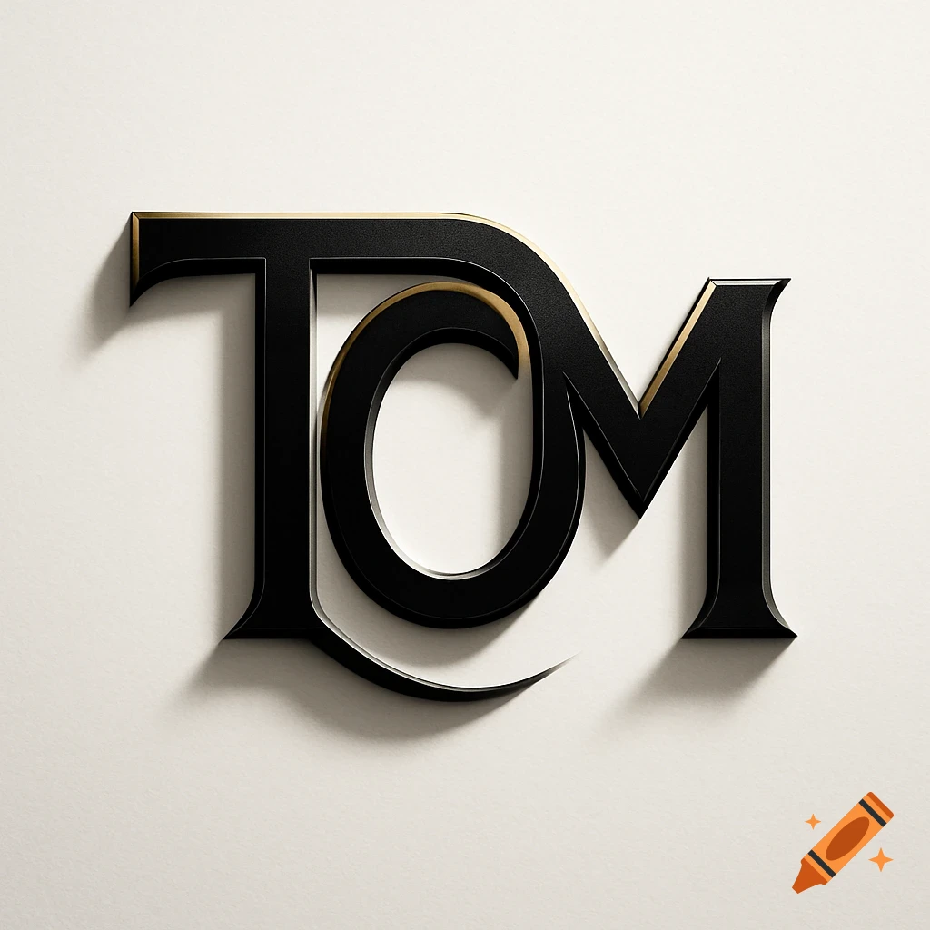 Stylized 3D black letters 'TOM' with gold trim, casting a shadow on a white background.