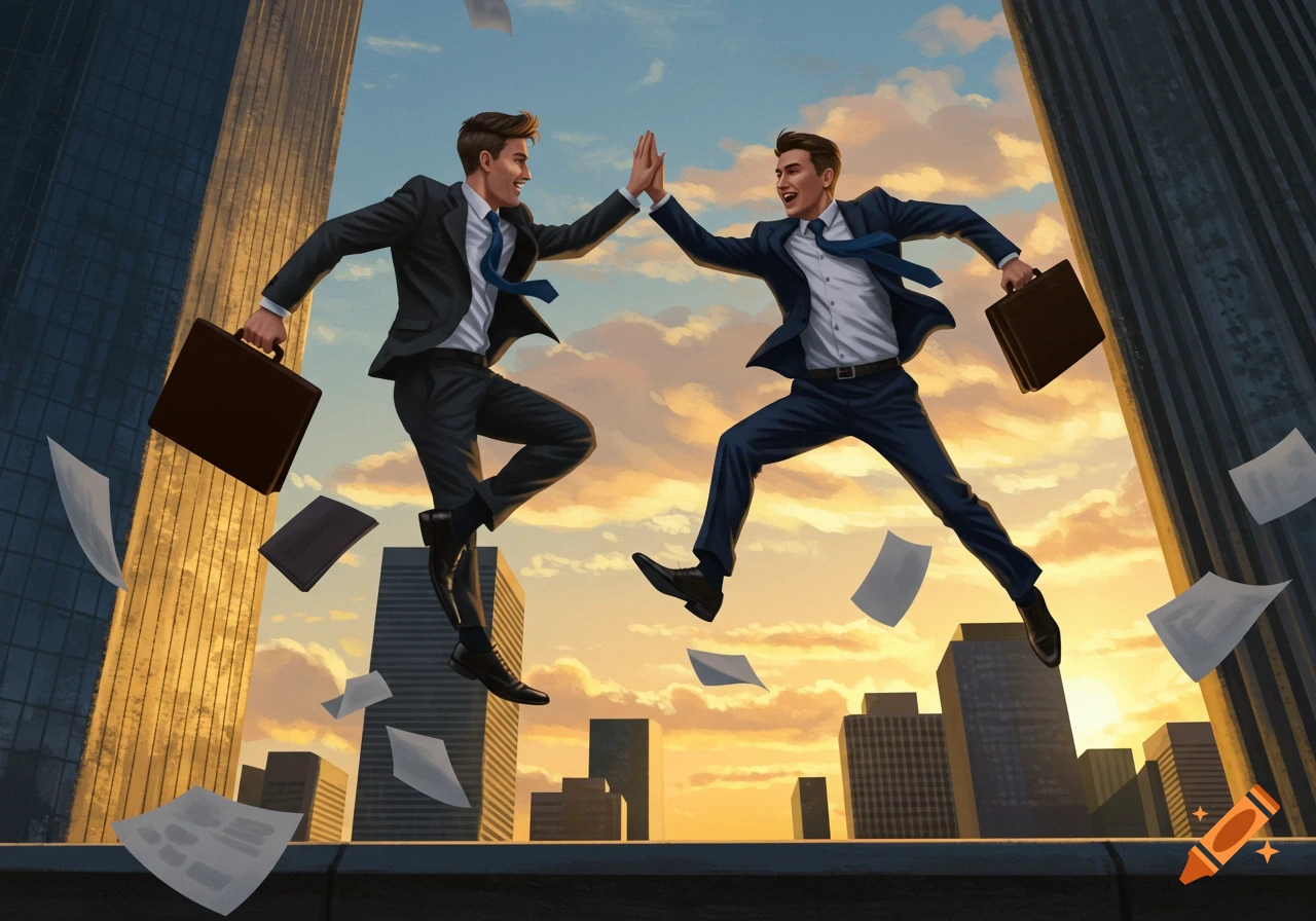 Two businessmen in suits high-fiving mid-air above a cityscape at sunset, with papers flying around them, in an illustrative style.