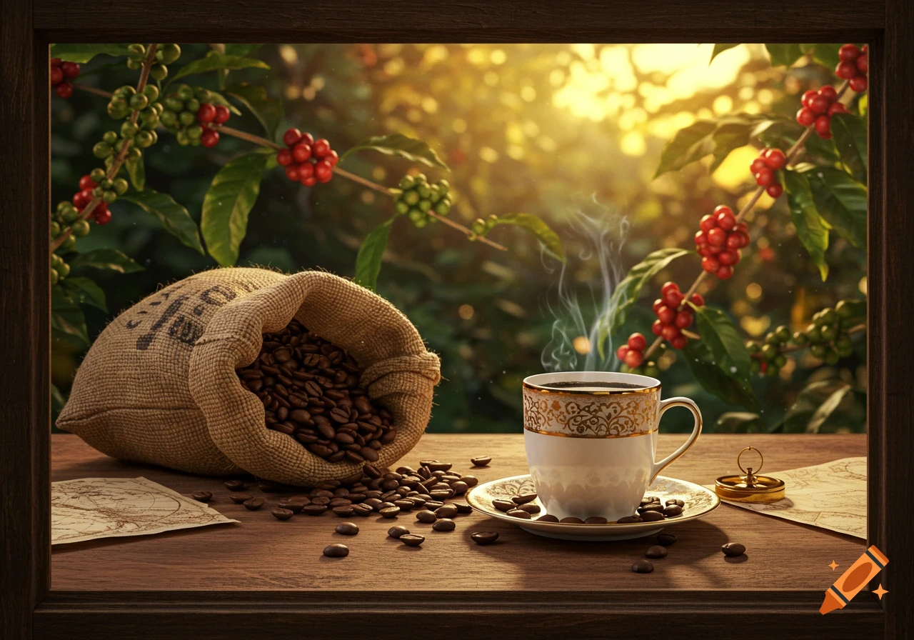A burlap sack of coffee beans spills onto a wooden table next to a steaming cup of coffee, with a coffee plant in the background under warm sunlight.