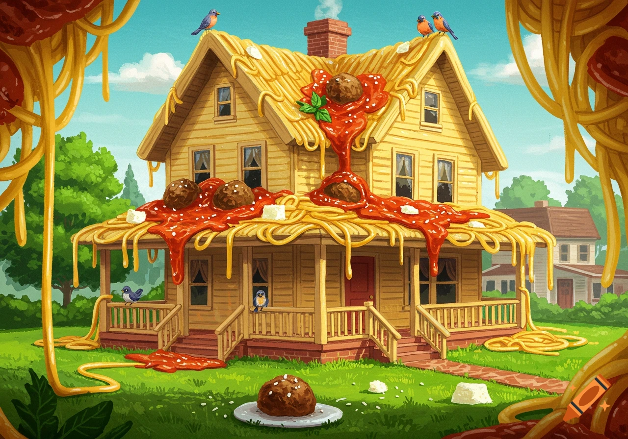 A whimsical illustration of a house covered in spaghetti and meatballs, with birds on the roof.
