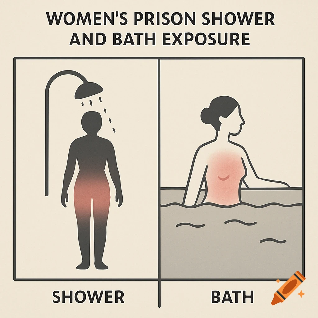 Flat illustration diagram comparing women's prison shower and bath exposure, highlighting body areas.