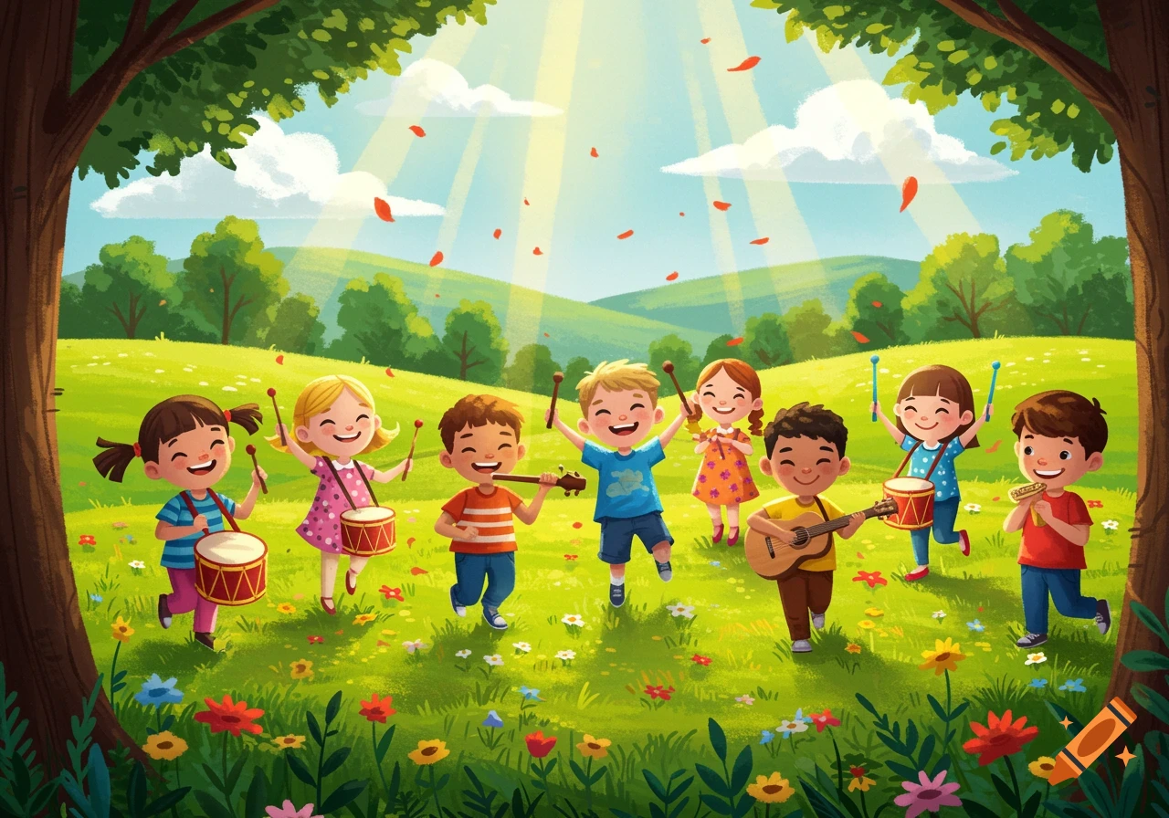 A vibrant illustration of happy diverse children playing musical instruments outdoors in a sunny, flower-filled meadow.