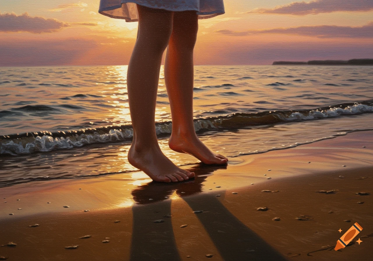 Bare legs and feet stand on a sandy beach with water washing over them during a vibrant sunset, in an oil painting style.