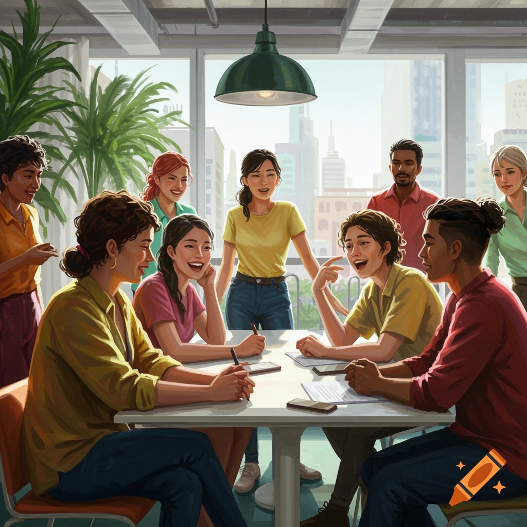 A diverse group of people, some seated at a table and some standing, are engaged in lively conversation in a bright office space with large windows and city views. They are smiling and interacting, some taking notes.