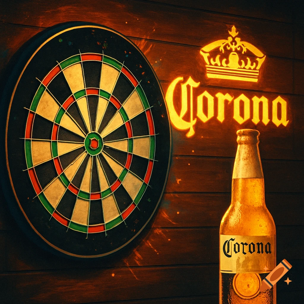 A dartboard and a Corona beer bottle with a glowing Corona sign on a dark wooden wall.