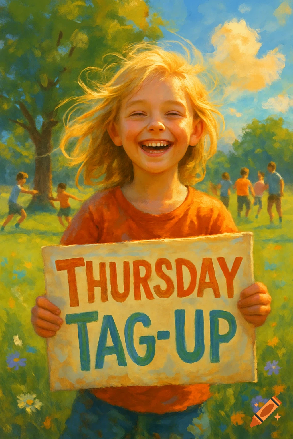A smiling blonde girl holds a sign reading "THURSDAY TAG-UP" in a sunny park with other children playing, in a painterly style.