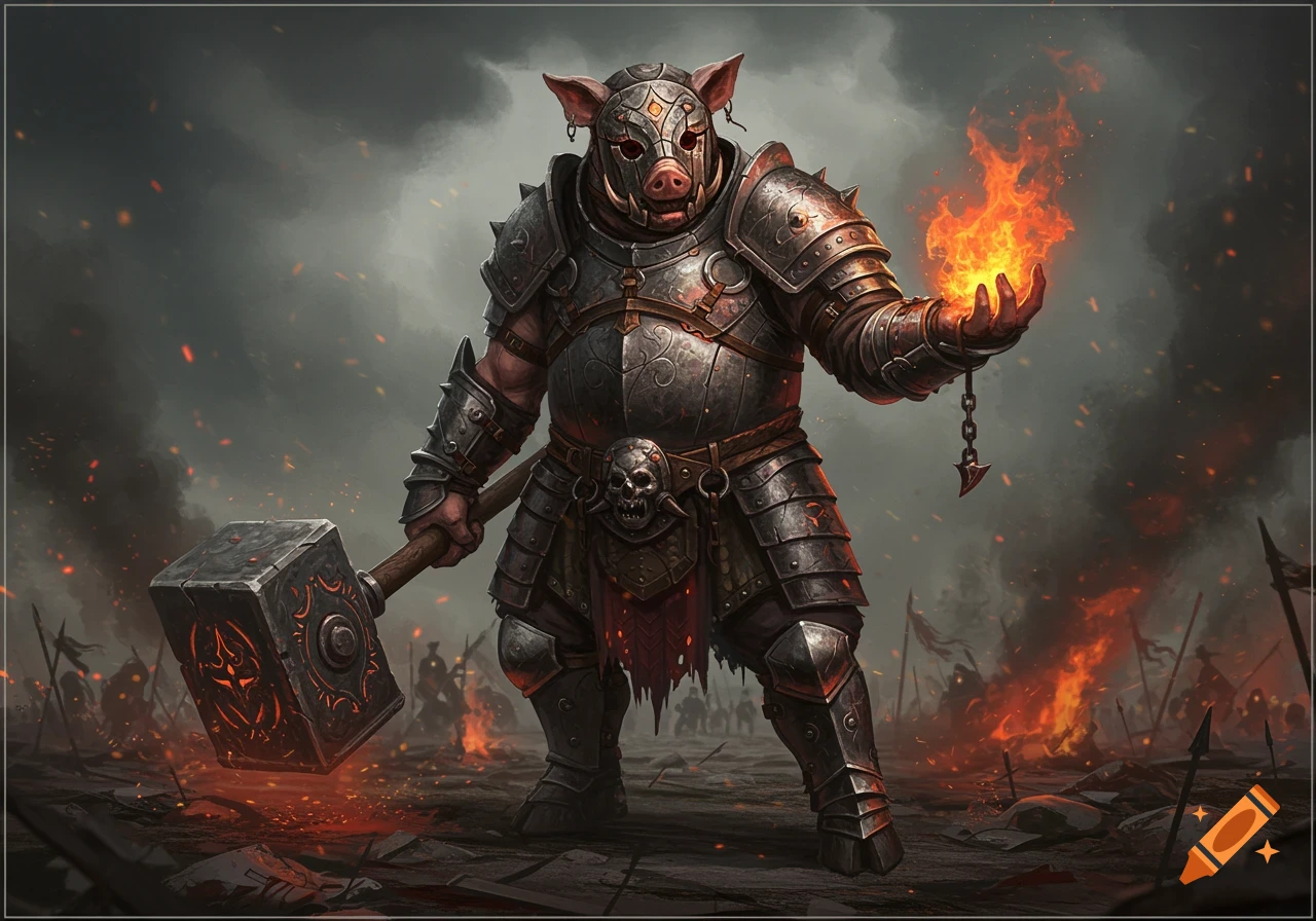 An armored anthropomorphic pig warrior holds a glowing sledgehammer and fire in a fiery battleground.