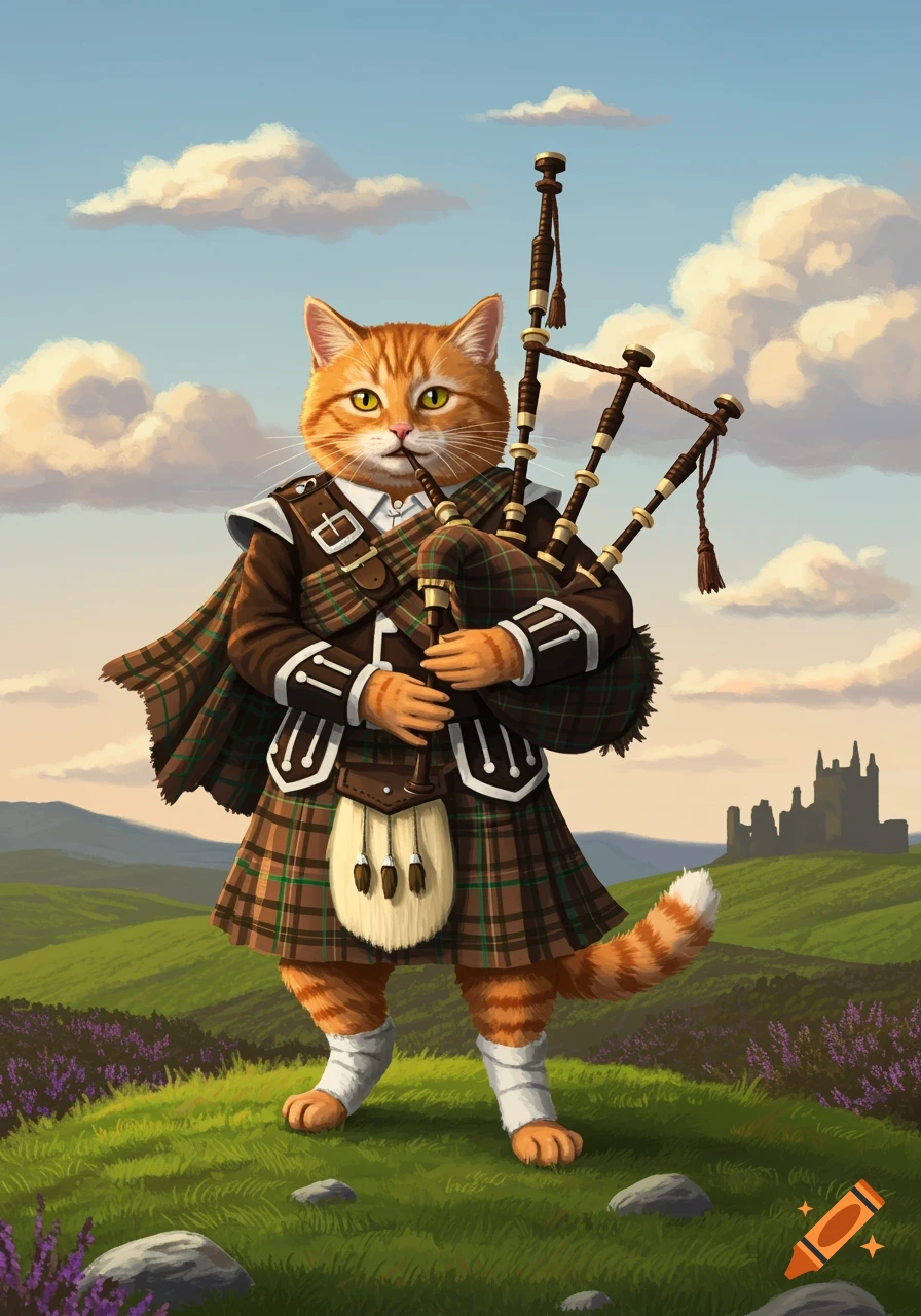 An illustrated ginger cat wearing a brown kilt and playing bagpipes in a green field with a distant castle under a cloudy sky.