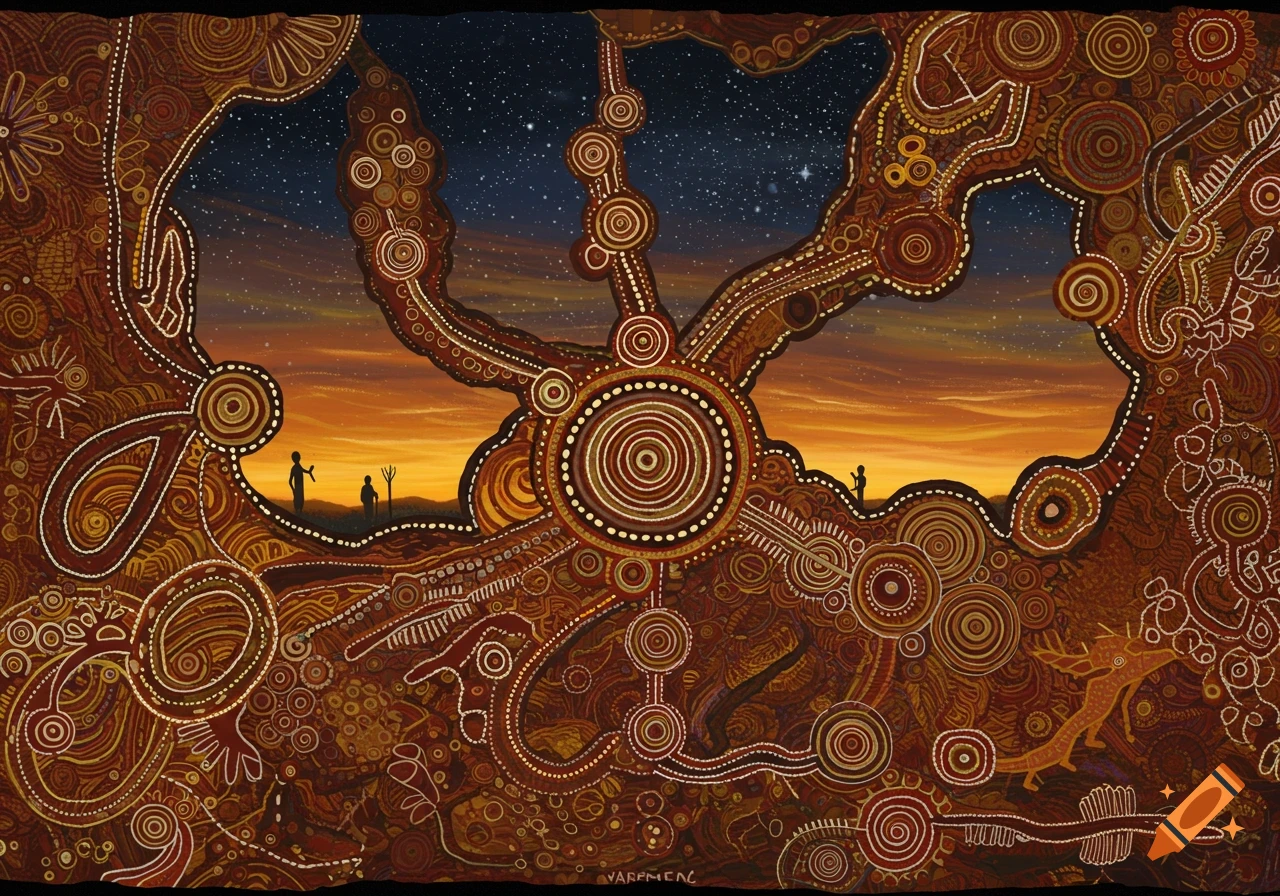 Aboriginal dot painting featuring earthy tones, intricate patterns, silhouettes of people, and a night sky over a sunset horizon.