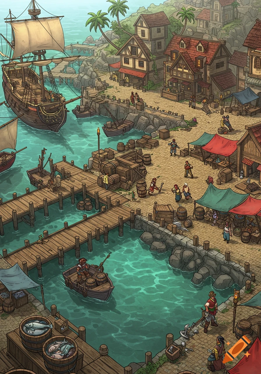 An isometric illustration of a bustling fantasy pirate port town with ships, docks, buildings, and people.