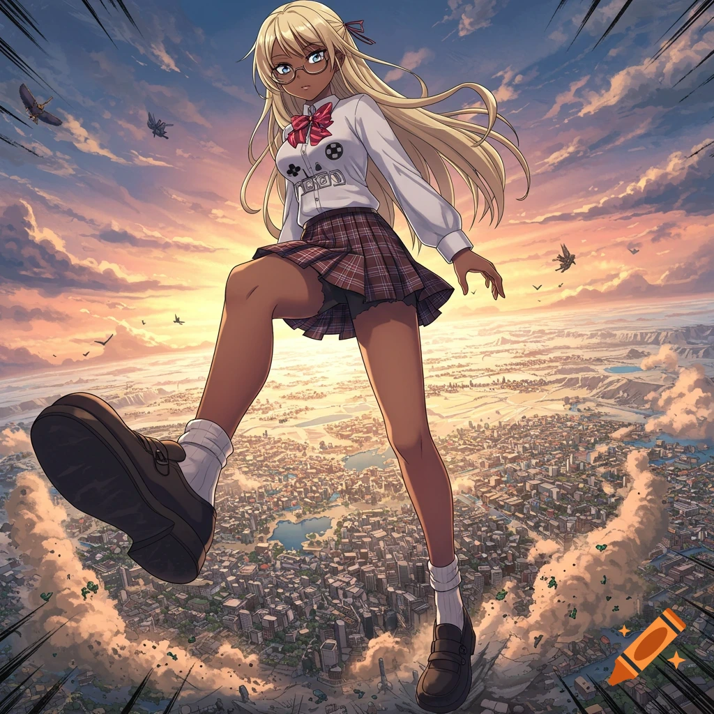 A large anime girl with blonde hair and glasses steps over a city at sunset, in a manga art style.