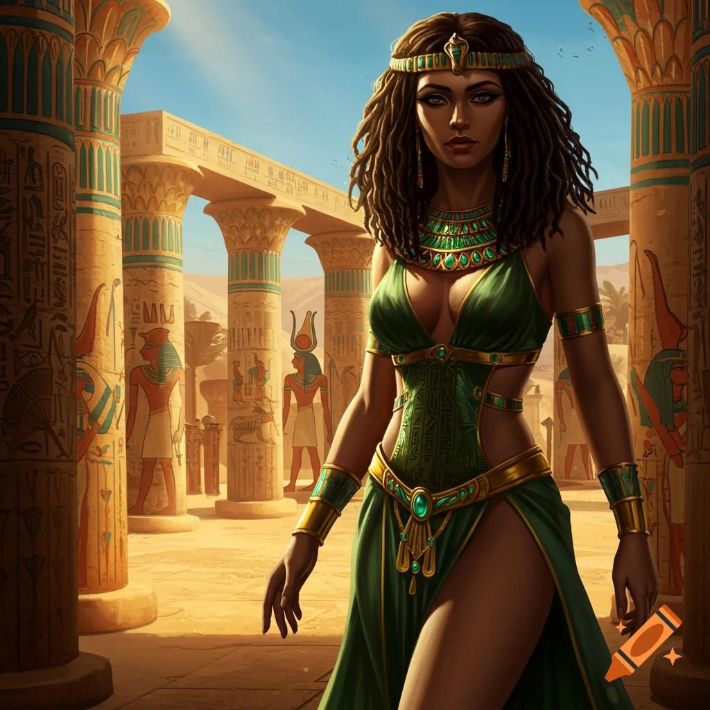 A beautiful woman with dark curly hair and deep tan skin, wearing an ornate green Egyptian-style dress with gold and teal jewelry, stands amongst ancient temple pillars.