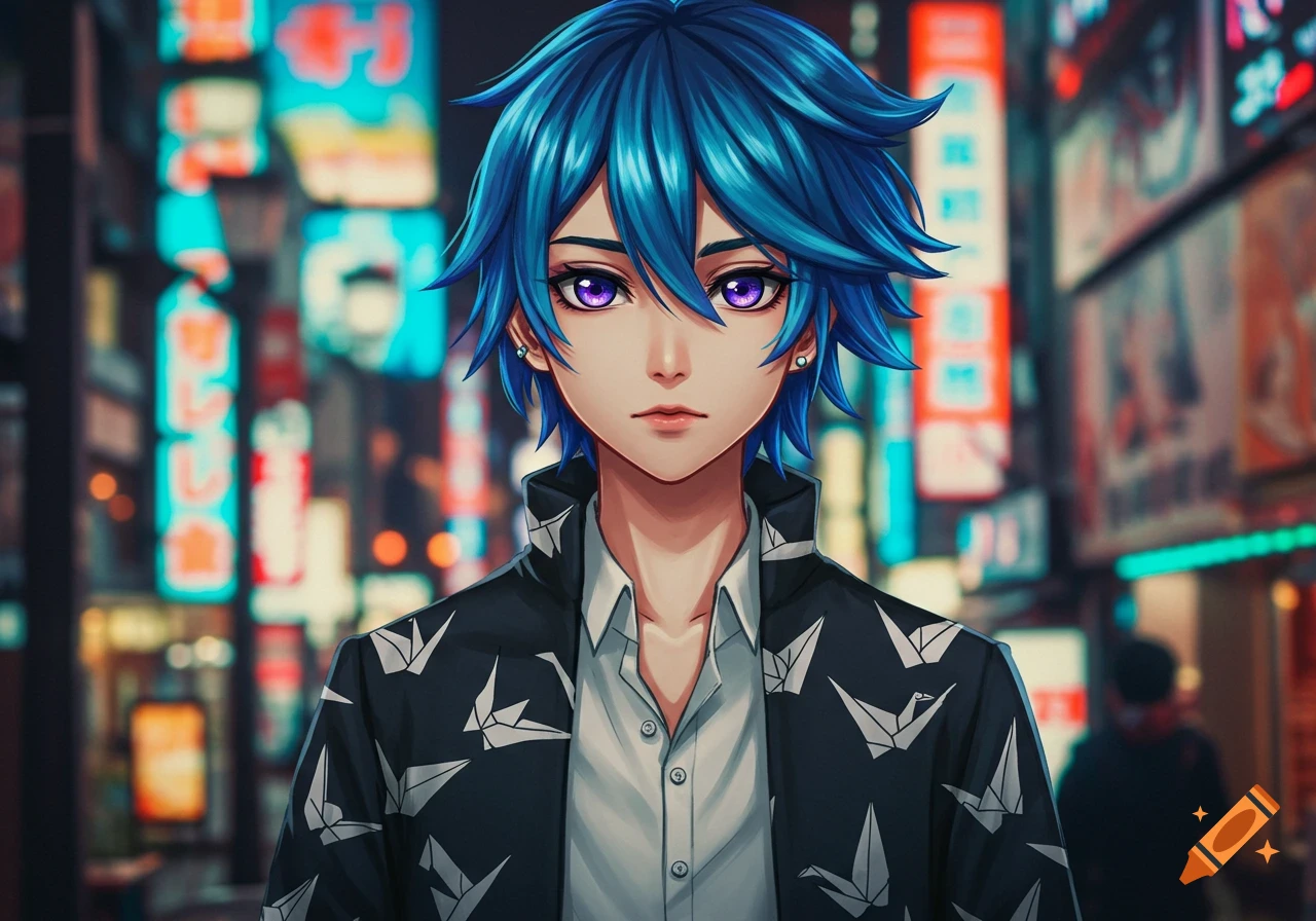 Anime male character with blue hair and purple eyes, wearing a black jacket with origami cranes, standing in a blurry neon city at night.