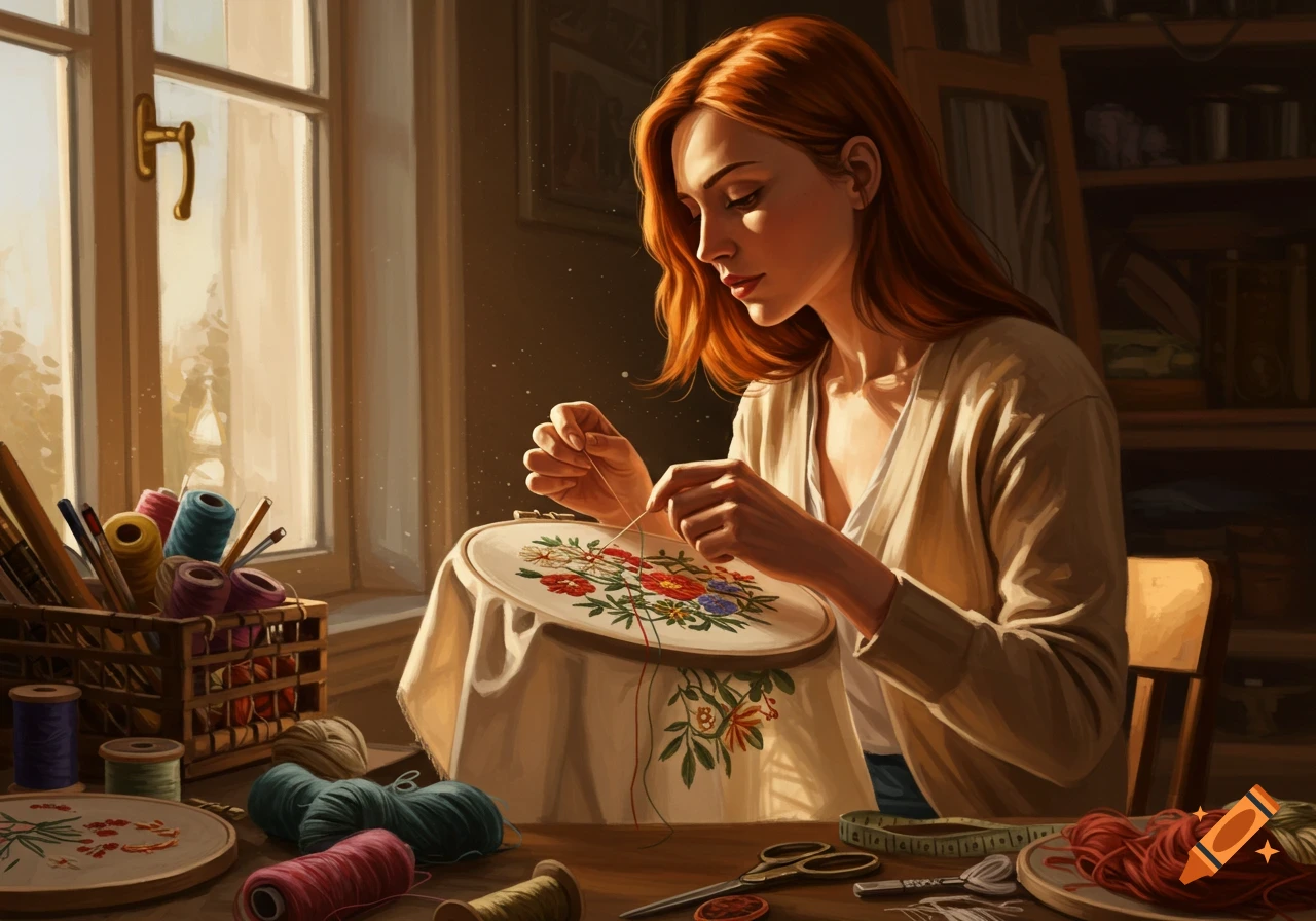 A red-haired woman doing embroidery by a sunlit window, surrounded by colorful threads and craft supplies, in a painterly style.