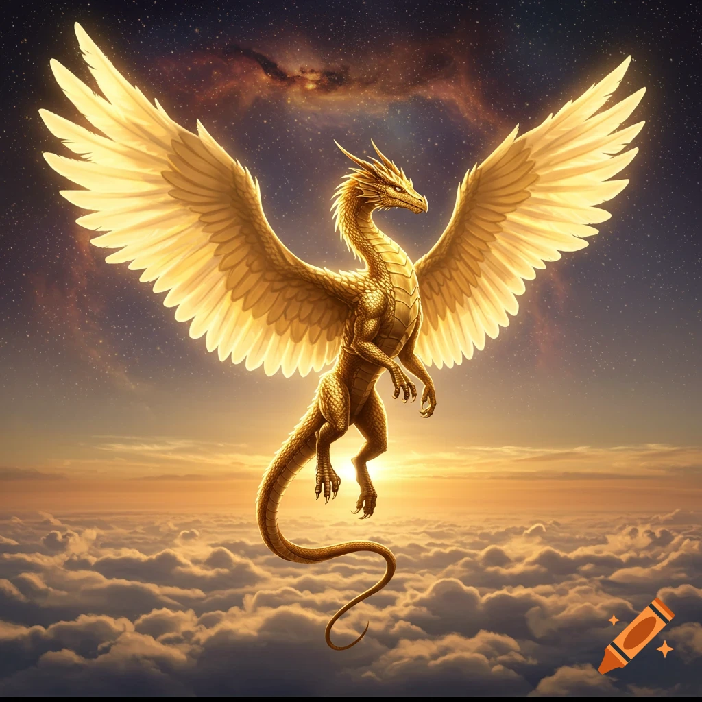 A majestic golden dragon with large, glowing wings flies above clouds in a sunset sky with stars.