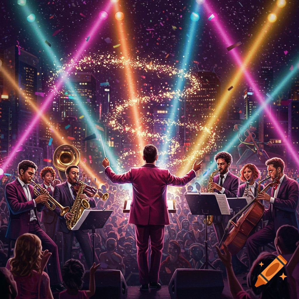 A conductor leads an orchestra on stage during a vibrant outdoor night concert in a city with bright spotlights and confetti.