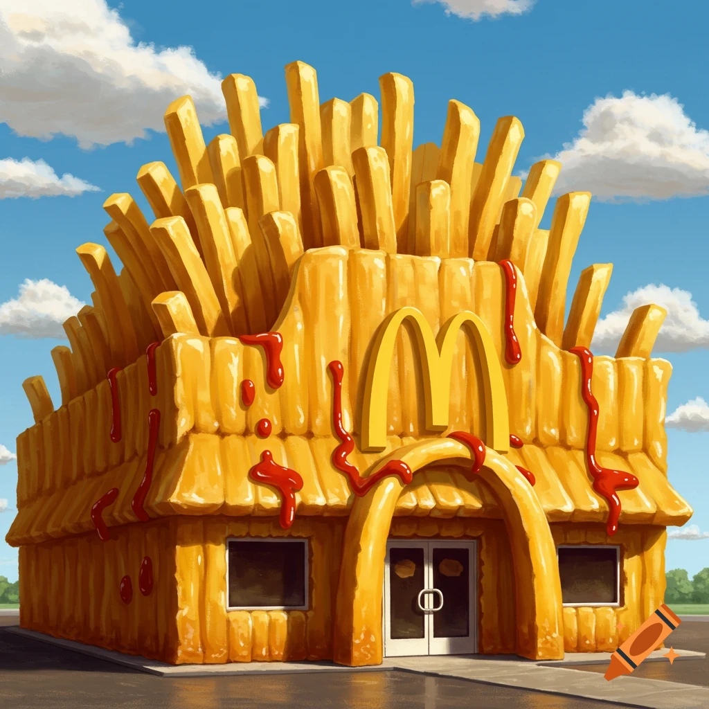A whimsical McDonald's building made entirely of golden french fries with red ketchup dripping down, set against a blue sky with clouds.