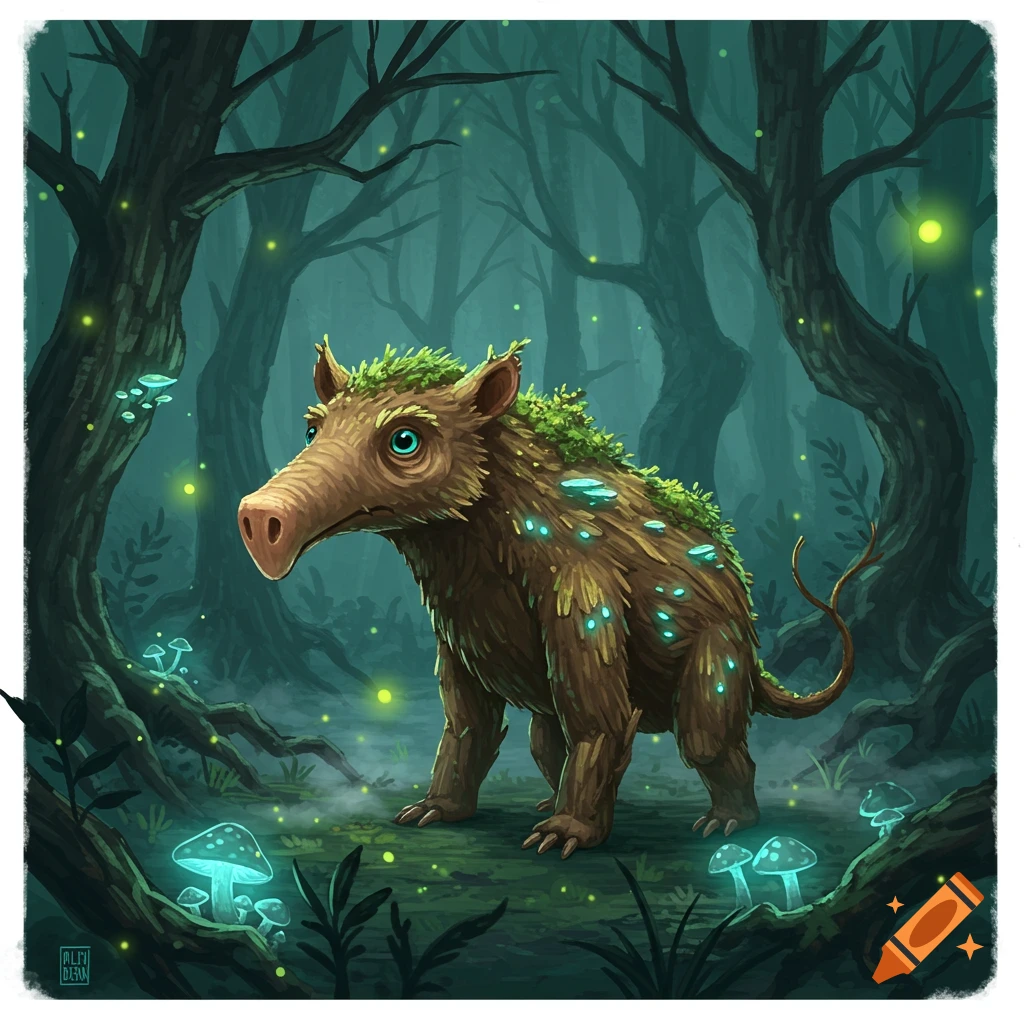 A whimsical brown fantasy creature with blue eyes, moss, and glowing spots stands in a mystical dark forest with glowing mushrooms.